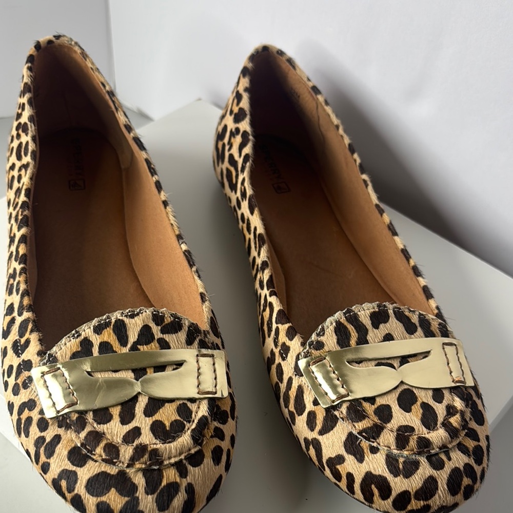 Sperry Top Slider Leopard Print Loafers with Gold Accent